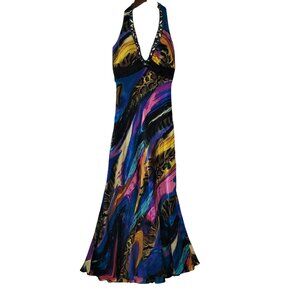 La Femme Paris Abstract Print Silk Halter Gown Beaded Neckline Womens Size 2